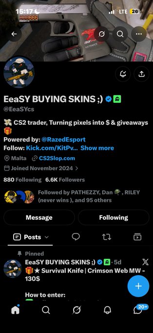 A screenshot of an X (Twitter) profile for 'EeaSY BUYING SKINS ;)' (@EeaSYcs), described as a CS2 trader, with a pinned post about a 'Survival Knife | Crimson Web MW' giveaway.