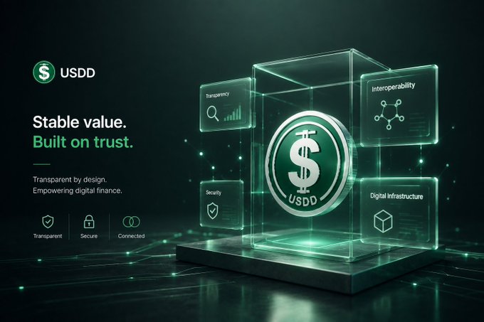 A promotional graphic for the USDD stablecoin featuring a coin inside a transparent cube with features like 'Transparency', 'Interoperability', 'Security', and 'Digital Infrastructure', along with the tagline 'Stable value. Built on trust.'