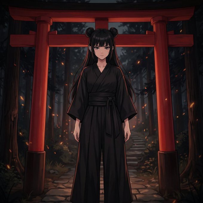 A young woman in a flowing black kimono with twin buns stands solemnly beneath a glowing red torii gate, set in a dark forest with floating embers. The image's mystical, ancient-Japanese aesthetic complements the post's announcement of an NFT project by @0xhazels, symbolizing the early, foundational stage of a building ecosystem with layered utility.
