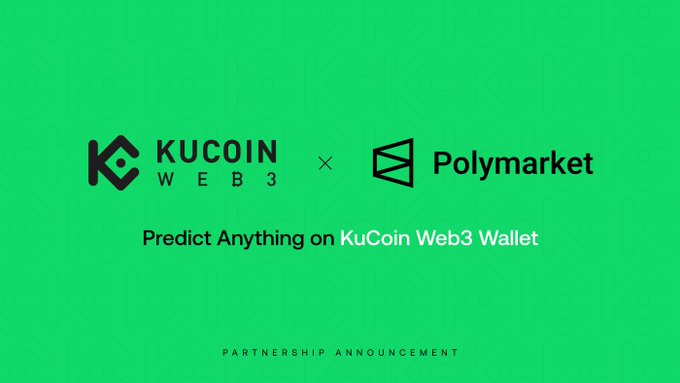 The image features two logos, one for KuCoin Web3 and another for Polymarket. The KuCoin Web3 logo has a black and white design with the word "KUCOIN" written in white letters. The Polymarket logo is green and has a black and white design with the words "POLYMARKET" written in white letters. Both logos are placed on a green background, which is set against a gray border. The image also contains text that reads: "Predict Anything on KuCoin Web3 Wallet".