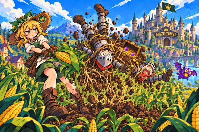 A colorful anime-style illustration showing a girl with a straw hat and corn cob standing in a cornfield as a knight gets tangled in roots and dirt erupts, with a castle labeled 'MAZE TOWER' in the background and a purple bat-like creature flying nearby.