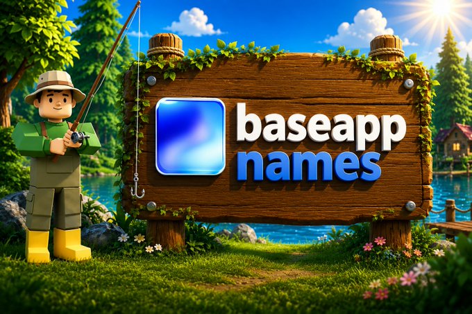 A 3D-rendered scene features a fisherman character beside a wooden sign displaying a blue app icon and the text 'baseapp names' in a lush, sunny landscape.