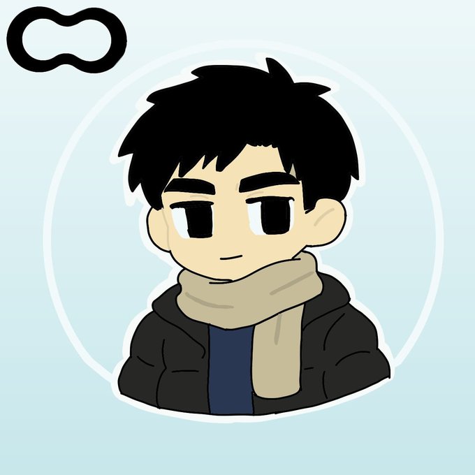 A cartoon-style avatar depicts a young man with black hair wearing a dark jacket and beige scarf, with a logo resembling a stylized glasses icon in the top-left corner.