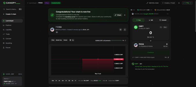 A screenshot of the Canopy trading platform interface showing a 'Launchpad' for the '$PIXXA' token on the base chain, with a trading chart and pool details visible.