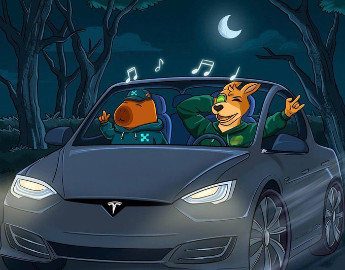 A cartoon image of a bear and a kangaroo wearing green hoodies with X logos, riding in a Tesla at night with music notes floating above them.
