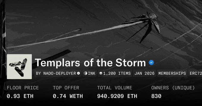 A digital art listing for an NFT collection titled 'TEMPLARS OF THE STORM' by NADO-DEPLOYER on the INK platform, showing a floor price of 0.93 ETH and total volume of 940.9209 ETH.