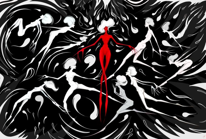 A striking surreal artwork featuring a vivid red elongated female figure surrounded by flowing white figures with claw-like hands against a dramatic black and white swirling background, fitting for a proud collector's display piece.