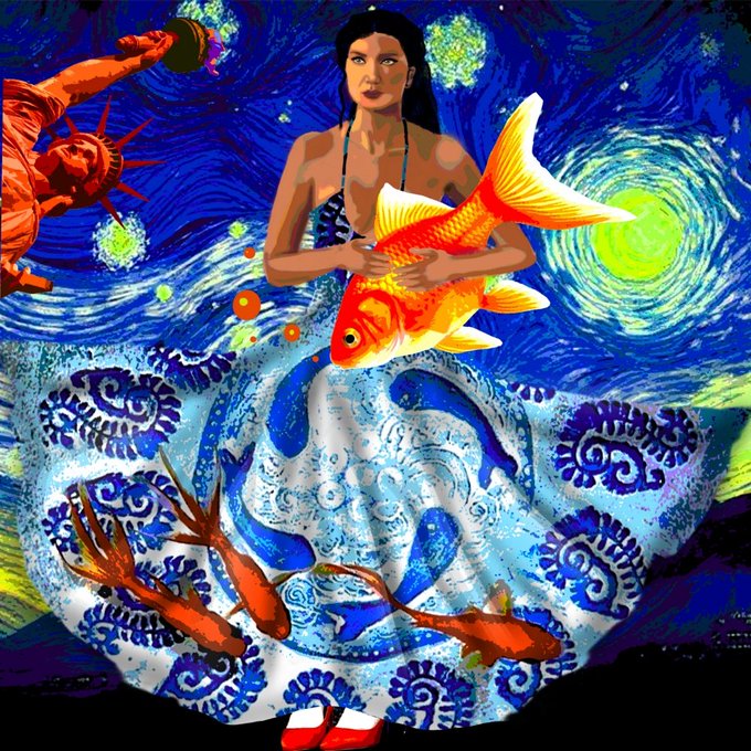 A surreal digital collage featuring a woman holding a large orange and white koi fish, with the Statue of Liberty's torch in the upper left, koi swimming below in swirling blue patterns reminiscent of Van Gogh's Starry Night, and red shoes at the bottom.