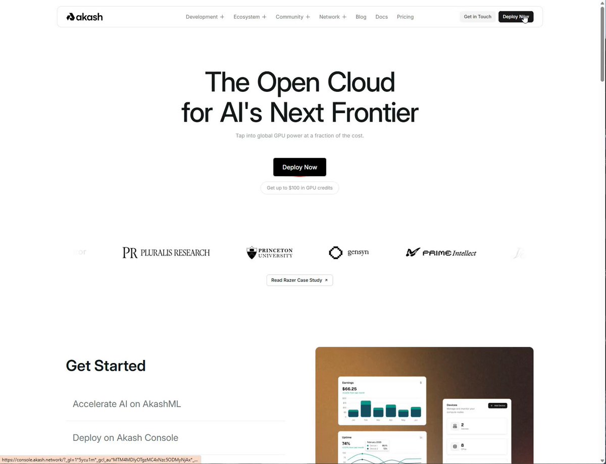 The image shows a screenshot of Akash Web3's website with various elements displayed, such as a list of services offered by the project, a price drop warning for users, and the "Get Started" button. The main content of the photo is not clear; however, it appears to be related to some sort of discussion or post about the Open Cloud project on the Akash Web3 website. One suggestion in the image encourages users to pay attention to what they are being asked for, like credit card details and personal information, as this may be a trap known as "VC", where services or products promise things that seem too good to be true without offering concrete benefits.