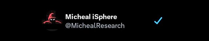 The image displays a verified Twitter/X profile banner for "Micheal iSphere" with the handle @MichealResearch, featuring a stylized red masked figure avatar against a black background. This aligns with the post's message, as the account promotes sharing cryptocurrency research and analysis, matching the hashtags and follow request mentioned in the accompanying text.