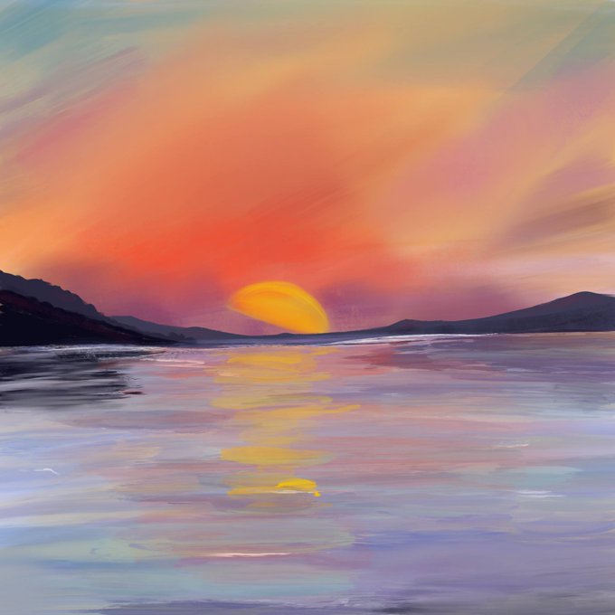 An impressionistic digital painting of a vibrant sunset over a body of water, with a bright orange sun casting colorful reflections across the sky and rippling waves.