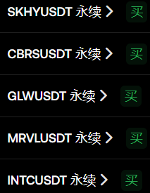 The image shows a cryptocurrency trading interface with "永续" (perpetual) contract options and "买" (buy) buttons for several crypto pairs including SKHYUSDT, CBRSUSDT, GLWUSDT, MRVLUSDT, and INTCUSDT. It relates to the post by displaying multiple "buy" options that align with the call to "buy the dip" with leverage on perpetual contracts.