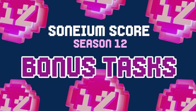 A pixel-art style graphic featuring the text "SONEIUM SCORE SEASON 12" and "BONUS TASKS" in bold retro game-like lettering against a dark navy background with repeating pink "12" badge icons, illustrating the announcement of 5 new bonus tasks worth 6 points each in the latest Soneium Score season.