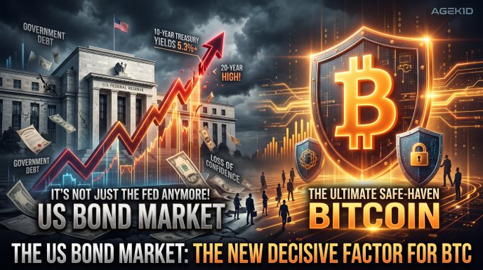 A financial graphic comparing 'US BOND MARKET' and 'BITCOIN' with text 'IT'S NOT JUST THE FED ANYMORE!' and 'THE ULTIMATE SAFE-HAVEN', mentioning 10-YEAR TREASURY YIELDS of 5.3%.
