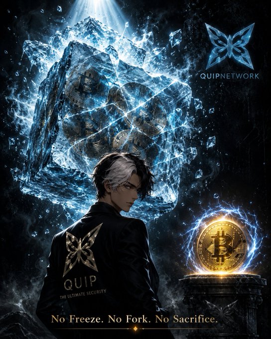 The image features a poster with a man wearing a black suit standing next to a large blue cube, which has a Bitcoin logo on it. The text on the poster reads "gQuip CT, It'S $QUIP O'clock. No Freeze. No Fork. No Sacrifice." This suggests that the poster is promoting Bitcoin and its blockchain technology, emphasizing the idea of not freezing or freezing one's Bitcoins as a way to avoid potential losses due to market fluctuations. The poster also mentions Bitcoin developers who are working on BIP-361, which could be related to the concept of "no freezing" in this context.