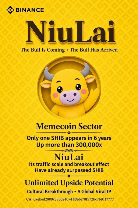 A yellow Binance promotional graphic features a cartoon bull mascot emerging from a coin hole, with text reading 'NiuLai', 'The Bull Is Coming · The Bull Has Arrived', and 'Memecoin Sector'.