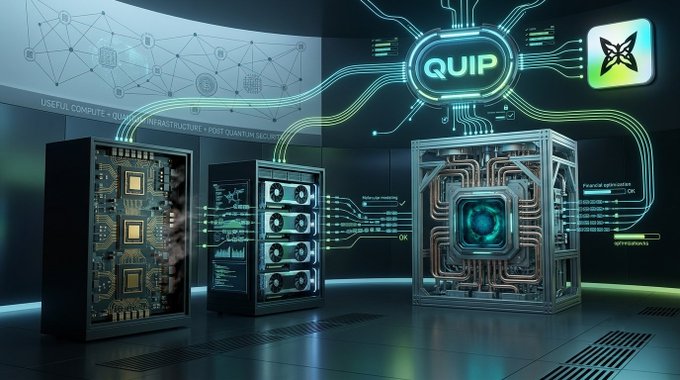 A futuristic digital illustration of a server room with glowing circuitry, featuring the 'QUIP' logo and the text 'USEFUL COMPUTE + QUANTUM INFRASTRUCTURE + POST QUANTUM SECURITY' on the walls.