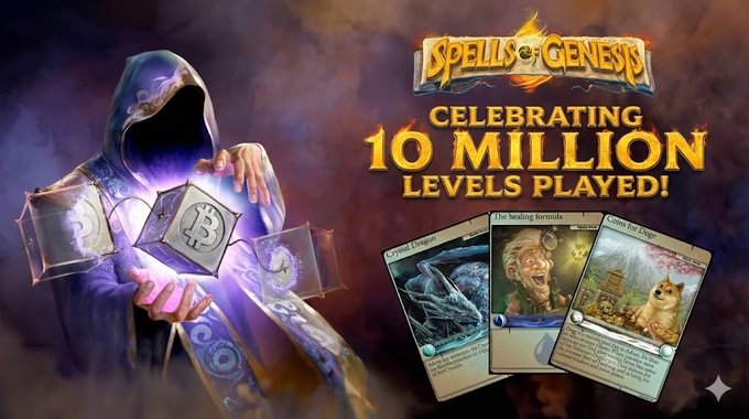 Promotional artwork for 'Spells of Genesis' celebrating '10 MILLION LEVELS PLAYED!', featuring a hooded figure holding glowing cards alongside in-game card artwork.