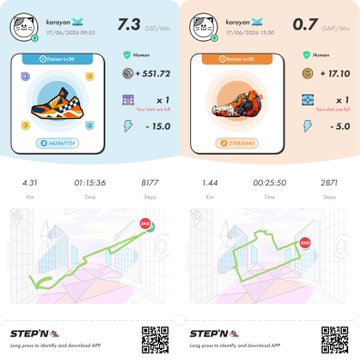 The image presents two different versions of a fitness tracking app, both featuring colorful designs with various features such as step counting and shoe illustrations. They are displayed side by side, allowing for easy comparison between them. The post also includes links to download the apps on the respective platforms (StepN for iOS and StepNGO for Android).