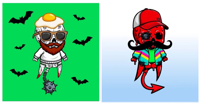 Two cartoon devil mascots: one with a fried egg on its head, sunglasses, a beard, and a flail against a green background with bats, and another red devil with a mustache, red cap, rainbow shirt, and devil tail on a blue background.