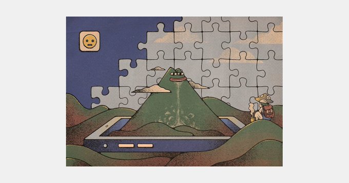 Illustration of a partially completed jigsaw puzzle depicting a mountain landscape with a smiling face icon in the corner.