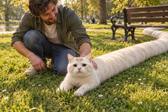 A man kneels on the grass in a sunny park next to a park bench, petting a white cat whose remarkably elongated body stretches far across the lawn.