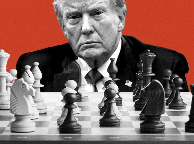 A composite image features a black-and-white photo of Donald Trump in a suit with a serious expression, positioned behind a chessboard with black and white pieces against a red background.