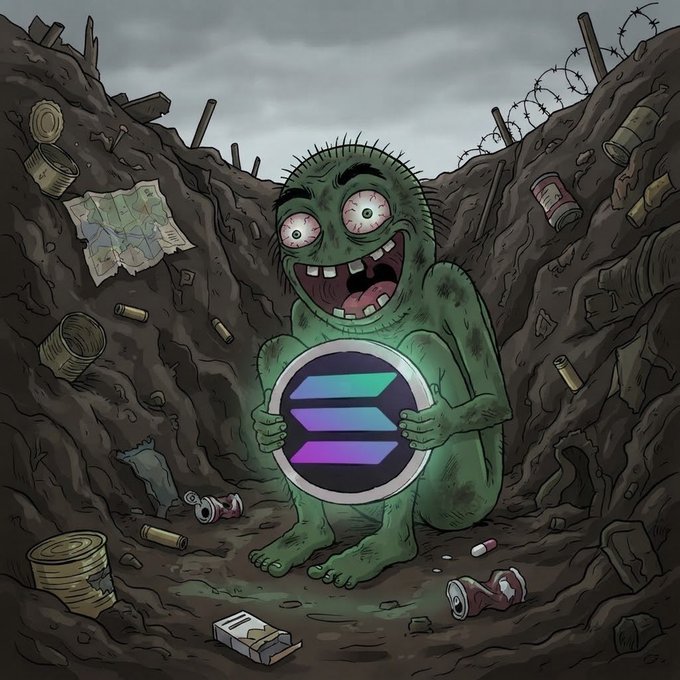 A cartoon illustration of a green zombie-like creature holding a glowing Solana logo in a trash-filled pit with barbed wire and debris in the background.