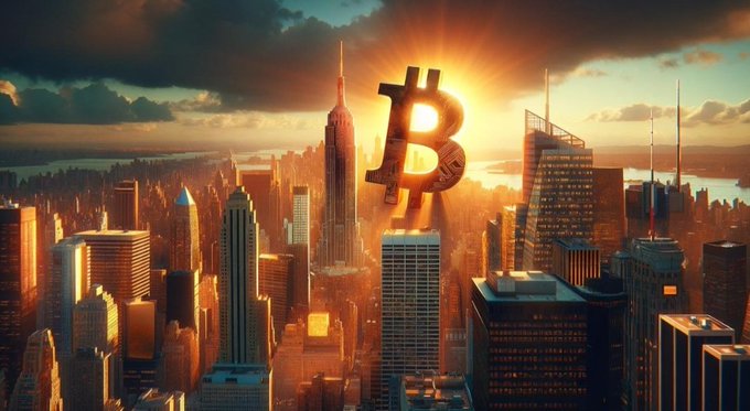 A towering golden Bitcoin symbol rises above a sprawling Manhattan skyline at sunset, its radiant glow illuminating the surrounding skyscrapers. The image visually reinforces the post's message of institutional crypto capital quietly returning, mirroring Bitcoin's resurgence as spot ETFs post net inflows and long-term demand rebuilds.
