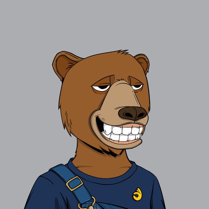 A cartoon illustration depicts a brown bear character with an exaggerated toothy grin wearing a blue shirt with overalls and a small yellow logo.