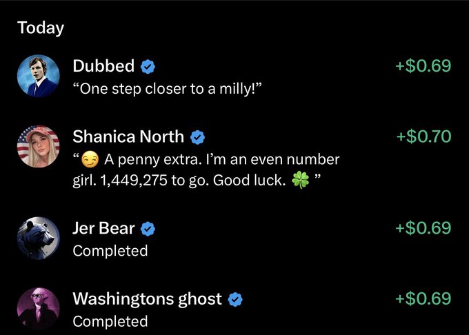 A screenshot from a "Today" earnings tracker shows contributions of +$0.69 to +$0.70 from verified users Dubbed, Shanica North, Jer Bear, and Washingtons ghost, with Shanica North commenting "A penny extra. I'm an even number girl. 1,449,275 to go. Good luck." The image illustrates the community members mentioned in the post who helped kickstart the fundraising effort toward the 1,449,272 remaining contributors needed.