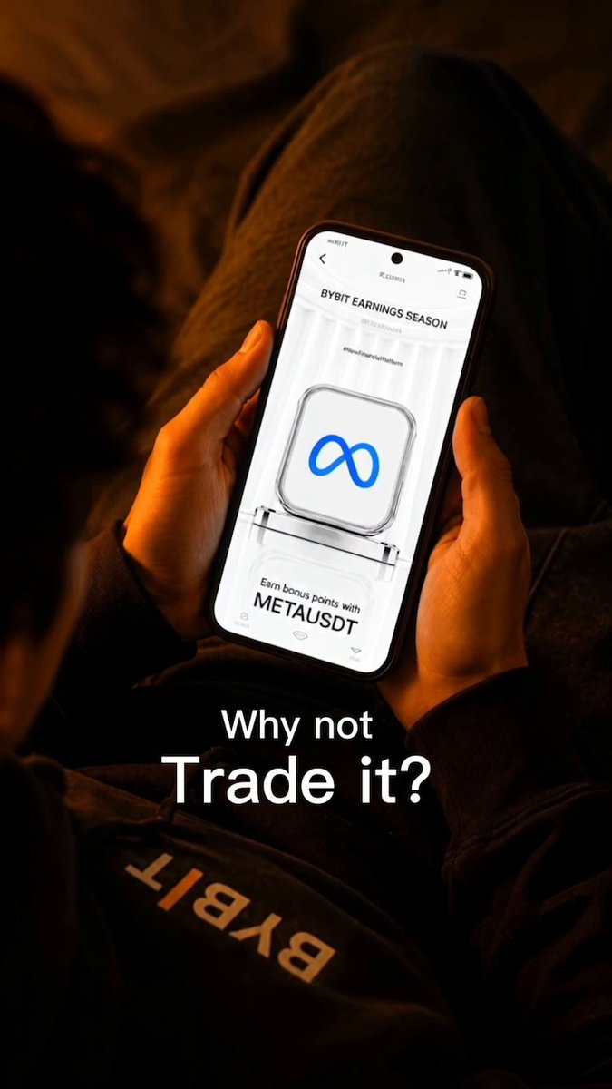 A person wearing a Bybit-branded hoodie holding a smartphone displaying the Bybit app's 'BYBIT EARNINGS SEASON' page with a MetaUSDT offer and the Bybit infinity logo, accompanied by text reading 'Why not Trade it?'