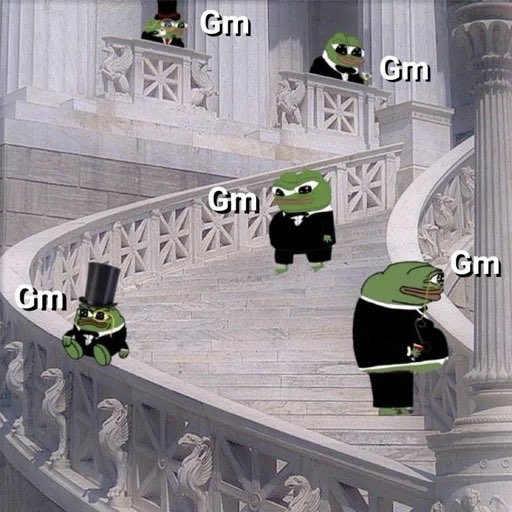 The image shows five Pepe the Frog characters dressed in formal attire (tuxedos and top hats) descending a grand marble staircase, each labeled with "Gm." This plays on the crypto slang "GM" (good morning), with the meme humorously greeting viewers in a formal, coordinated manner.