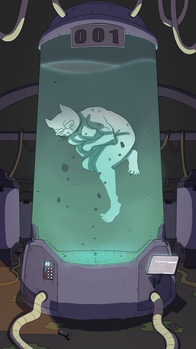An animated illustration of a pale, humanoid creature suspended in a fluid-filled glass chamber labeled '001'.