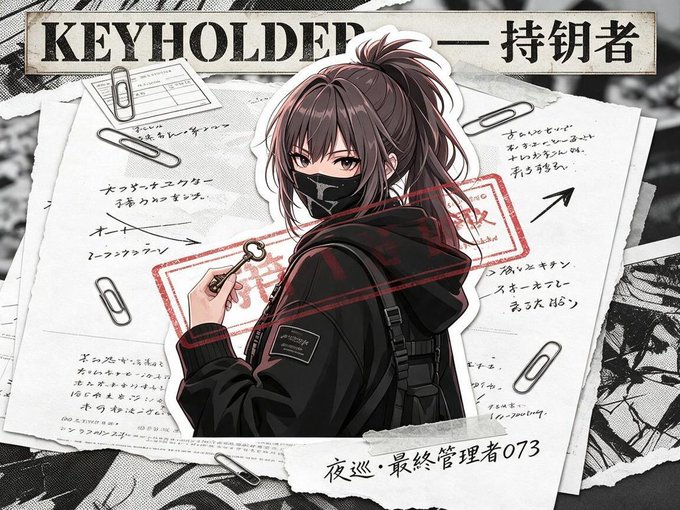 An anime-style illustration titled 'KEYHOLDER — 持钥者' featuring a character with brown hair and a black mask holding a key, displayed over documents with Japanese text and red stamps.