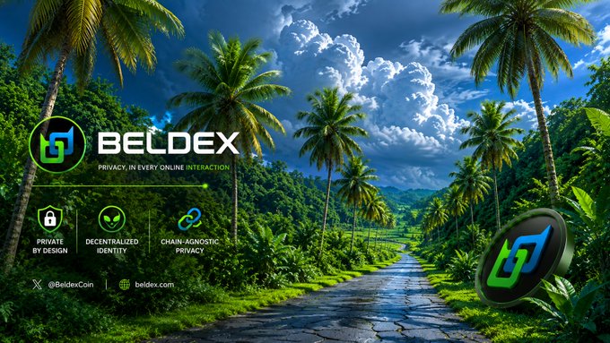 A tropical landscape promotes BELDEX with the tagline “PRIVACY, IN EVERY ONLINE INTERACTION” and highlights “PRIVATE BY DESIGN,” “DECENTRALIZED IDENTITY,” and “CHAIN-AGNOSTIC PRIVACY.” The image relates to the post by reinforcing BeldexCoin/$BDX’s mission of building privacy into the foundation of Web3.