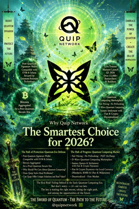 The image shows a poster for Quip Network that features a butterfly graphic with the words "Quip" written above it. The poster also includes text about the network's strategy and its focus on open-source testing, which could be related to the post asking if Quip Network is the "smartest choice for 2021?".