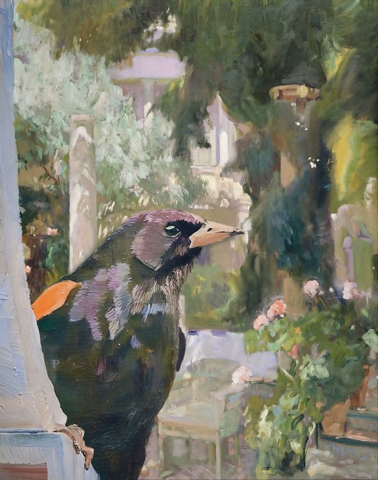 An oil painting depicting a colorful bird with purple, black, and orange plumage perched near a window, overlooking a lush garden scene with chairs and flowering plants.