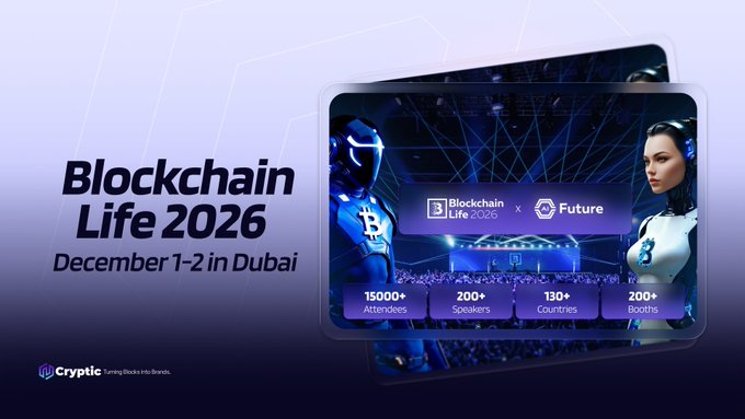 The promotional graphic for Blockchain Life 2026, scheduled for December 1-2 in Dubai, highlights key event stats—15,000+ attendees, 200+ speakers, 130+ countries, and 200+ booths—alongside the announcement of the "AI Future Forum" and a -10% discount code "CRYPTIC." The sleek design, featuring a futuristic conference stage and AI figures, visually reinforces the event's theme of bringing together crypto and AI leaders from around the world.