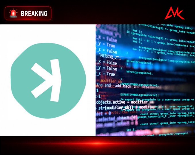 A graphic image divided into two sections: a teal icon with a white 'K' logo on the left, and computer programming code on a blue background on the right, topped with a "BREAKING" news alert.