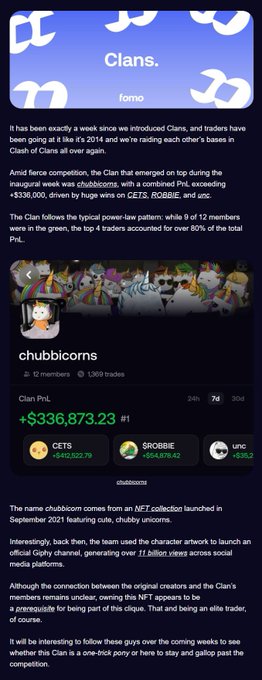 The image shows a clan performance update on "fomo" featuring "chubbicorns" at the top of the leaderboard with #1 position, 12 members, and 1,369 trades, achieving +$336,873,23 in PnL over 24h (primarily from $CETS +$42,522.79 and $ROBBIE +$64,878.42). The accompanying post celebrates the Chubbicorns' inaugural week win, highlighting that their 20M+ realized PnL for 2024-25 came entirely from meme coins rather than perps.