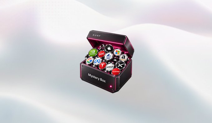 A 3D-rendered 'Mystery Box' labeled 'SURF' is open, revealing spheres branded with logos of tech companies including Google, Google+, Adobe, ICO, WhatsApp, Windows, and HubSpot.