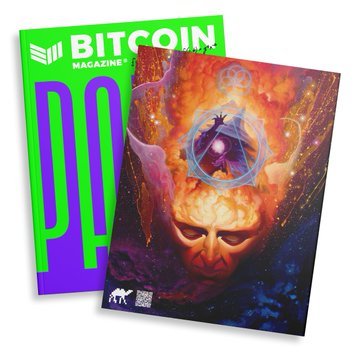 Two copies of 'BITCOIN MAGAZINE' magazine, featuring a vibrant cosmic illustration of a flaming figure on the cover.