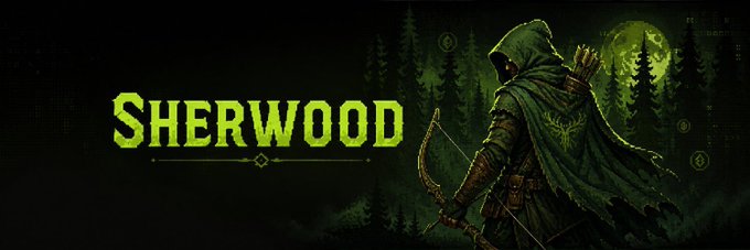 A hooded archer stands ready with a quiver of arrows against a forest silhouette and full moon, next to the bold green text "SHERWOOD." The image visually reinforces the $SHER token's Robin Hood-themed narrative, symbolizing the dev wallet's "burn" of its supply as a clean, community-driven reset for the project.