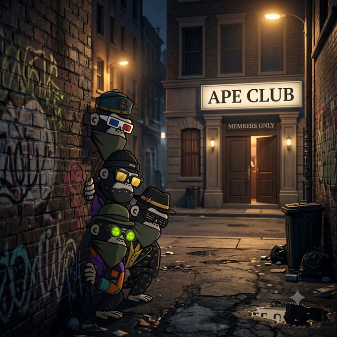 An urban street art illustration depicting cartoon ape characters with various accessories (3D glasses, glowing green glasses, hat) hiding behind a graffiti-covered brick wall, looking toward a building entrance labeled 'APE CLUB - MEMBERS ONLY' at night.