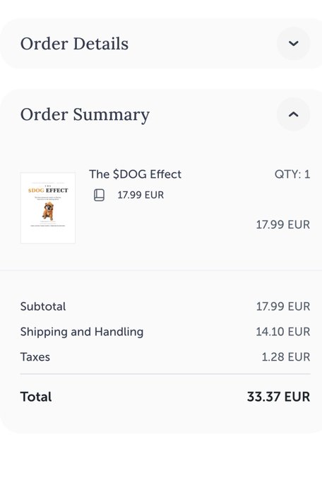 Order summary showing the purchase of 'The $DOG Effect' book for 17.99 EUR with 14.10 EUR shipping and 1.28 EUR taxes, totaling 33.37 EUR.