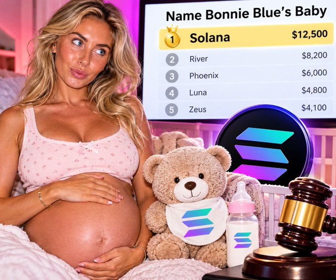 A promotional image of a pregnant blonde woman with a teddy bear, baby bottle, and gavel, featuring a leaderboard titled 'Name Bonnie Blue's Baby' with 'Solana' in 1st place at $12,500, alongside the Solana logo.