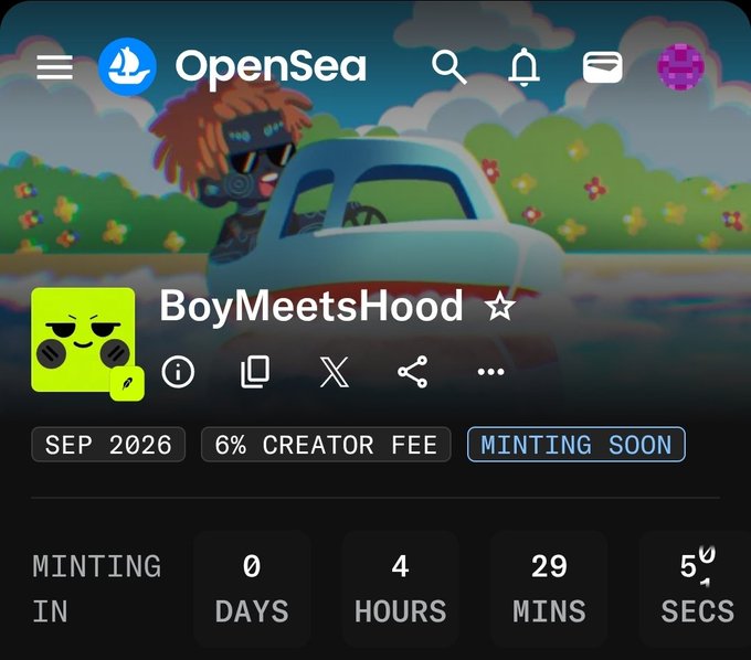 The image shows an OpenSea listing page for the "BoyMeetsHood" NFT collection, with a mint countdown of 0 days, 4 hours, 29 minutes, and 5 seconds remaining, a 6% creator fee, and a "MINTING SOON" tag—matching the post's call-out to the @boymeetsh00d mint with WL spot availability.