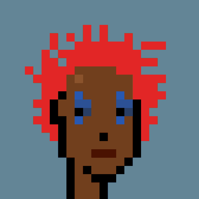 Pixelated portrait of a Cryptopunk character with dark brown skin, bright red spiky hair, and blue eyes against a gray-blue background, representing Punk #1930 from the CryptoPunks NFT collection.