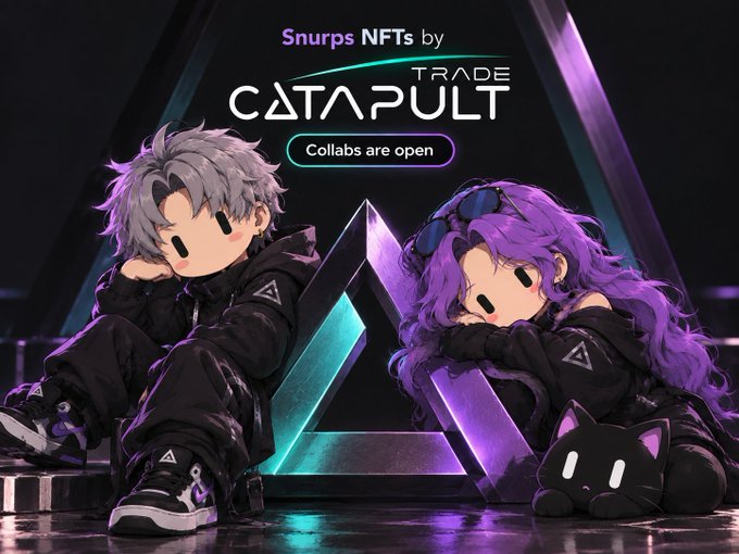 A promotional graphic for 'Snurps NFTs by TRADE CATAPULT' featuring two anime-style chibi characters in black outfits with a neon triangle logo and a 'Collabs are open' button.